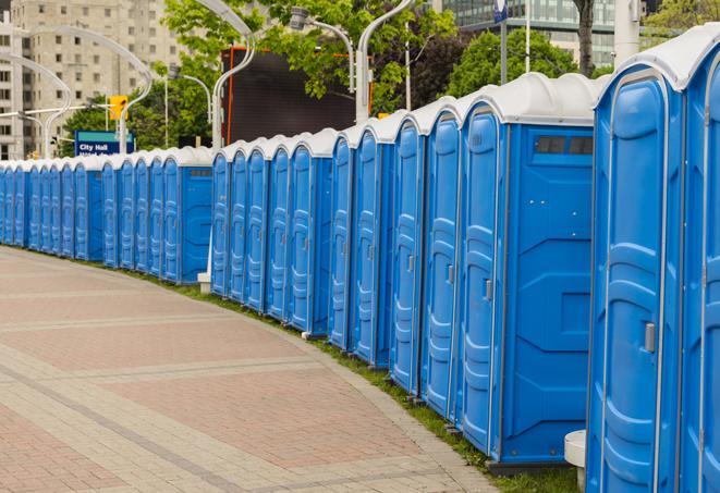 a fleet of portable restrooms ready for use at a large outdoor wedding or celebration in Aston